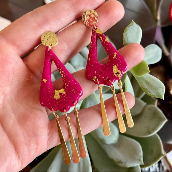 Boho Pink Gold Geometric Clay Earrings - Picture 2 of 7